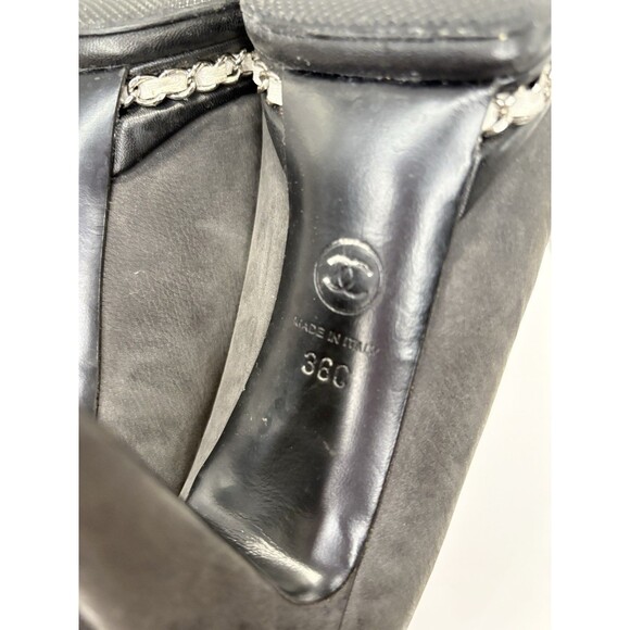 Chanel Black Platform Pumps w/ White Chain Detail Black Suede Cap Toe Heels 36 6 - Picture 11 of 15